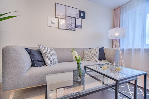 Contemporary living room featuring a gray sofa, geometric decor, and framed art.